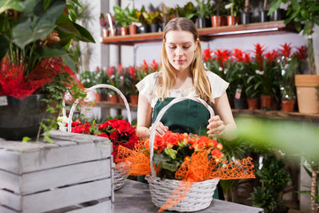 Fototapeta na wymiar Female florist wearing an apron working in the floral shop