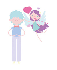 happy valentines day, young man and cute cupid with heart and arrow