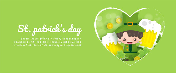 Happy Saint Patrick's Day background,poster and greeting card with green and gold four and tree leaf in paper cut style.tyle.