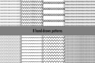 Collection of simple hand-drawn patterns with geometric ornament. Vector illustration