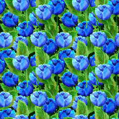 Fototapeta na wymiar Watercolor ornamental blue flowers pattern in the background