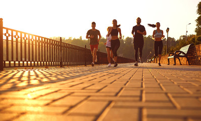 Group training of people at dawn in the park.