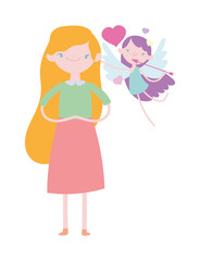 happy valentines day, flying cupid with arrow hearts and young woman cartoon characters