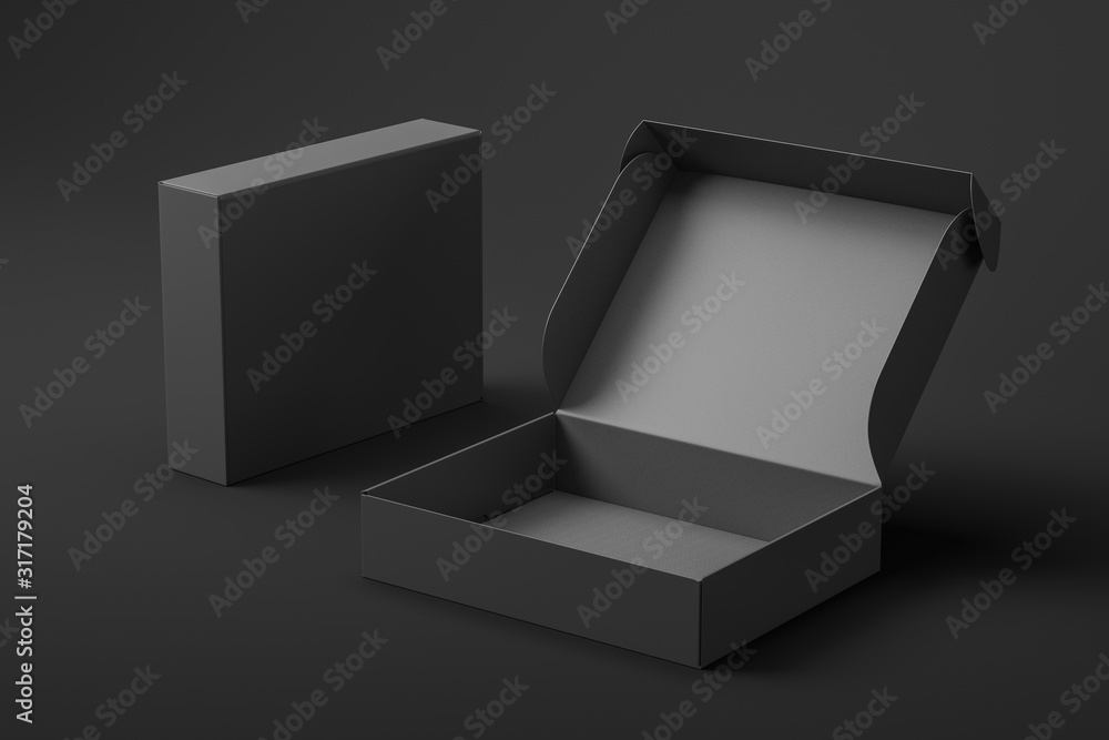 Poster realistic open cardboard box. closed black gift box in the background. mock up. 3d rendering