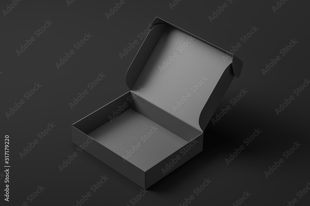 Poster side view of a realistic empty open black box. gift business concept. mock up. 3d rendering