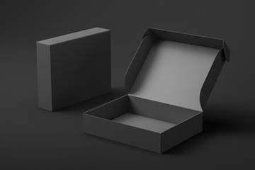 Realistic open cardboard box. Closed black gift box in the background. Mock up. 3d rendering