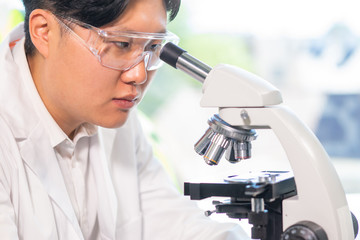 Asian scientist working in lab. Doctor making microbiology research. Laboratory tools: microscope, test tubes, equipment. Biotechnology, chemistry, bacteriology, virology, dna and health care.