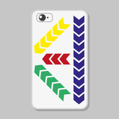 Protective cover for mobile phone with technological pattern - multicolored pointers, direction of movement, arrows on white background. Vector illustration in  bright color palette.