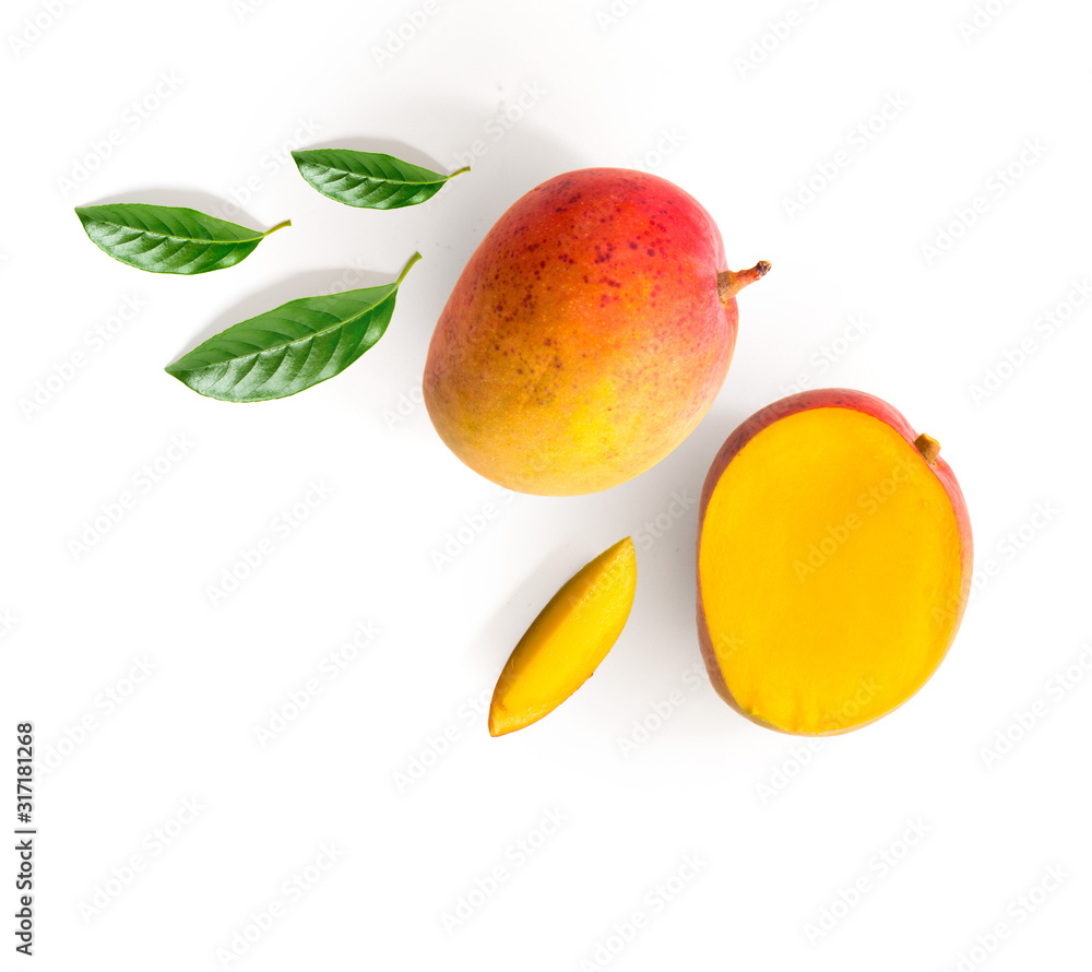 Wall mural Creative layout made of mango and leaves. Flat lay. Food concept. Mango on white background.