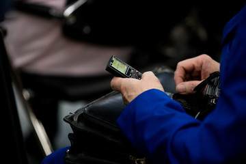 voice recorder phone microphone in hand, press conference