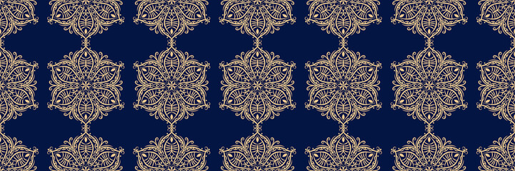 Indian seamless pattern. Golden design on long dark blue background