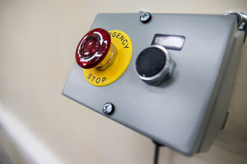 Big Red emergency button or stop button for manual pressing. STOP button for industrial equipment,...