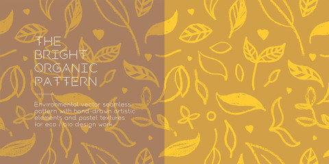 Environmental background. Natural hand-drawn organic food label, eco banner, healthy food concept, herbal seamless ornament, leaf pattern. Eco texture for green thinking — Spring. Modern agriculture.
