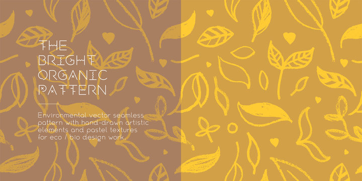 Environmental background. Natural hand-drawn organic food label, eco banner, healthy food concept, herbal seamless ornament, leaf pattern. Eco texture for green thinking — Spring. Modern agriculture.