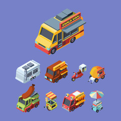 Snack trucks colorful isometric vector illustrations set