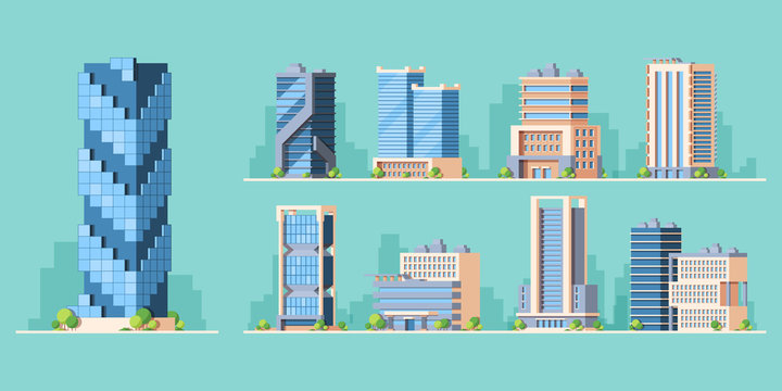 Skyscrapers, high-rise buildings colorful vector illustrations set