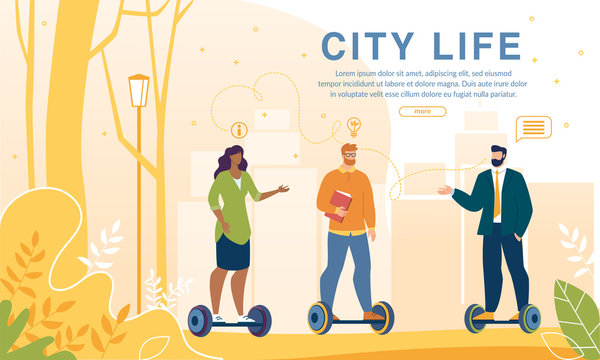 Business Meeting in Eco Friendly Place Park. Businesspeople Partners on Ecological Transport. Men and Woman Riding Hoverboard, Electric Gyroscooter, Self-Balancing Board. Webpage Banner