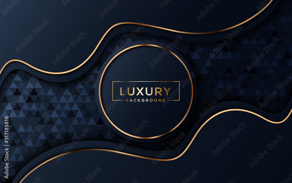 Poster luxury elegant background with shiny gold abstract element and triangular texture on dark black meta