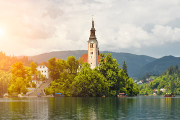 Beautiful Lake Bled in the Julian Alps and Assumption of Mary Church Bled Slovenia.
