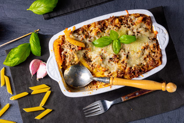 noodle , minced meat casserole with cheese
