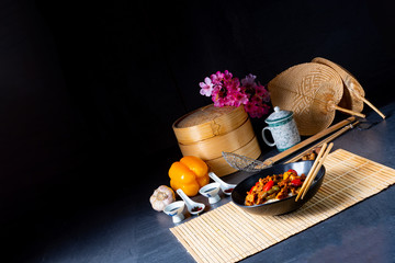 Hot roasted chicken with rice and vegetables