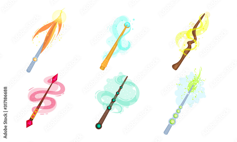 Poster decorative magic wands with sparkling waves vector set
