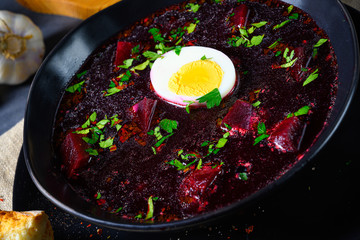 Delicious beetroot borscht with egg