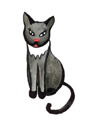 Hand drawn watercolor cartoon cute black cat in a sitting pose, isolated on white background. For children's design, prints, stickers.