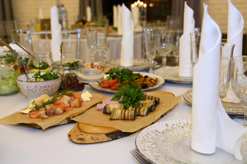 Cold Appetizers with a variety of food on the table. Gorging on calories at a holiday reception.