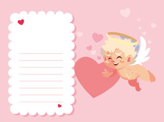 card valentines day with cupid angel , sheet to write
