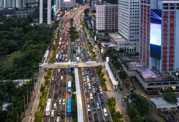 Heavy traffic stuck in a traffic jam in the Jakarta business district main avenue in Indonesia...