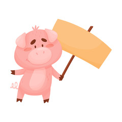 Smiling Pink Little Pig Holding Banner with Copyspace Vector Illustration