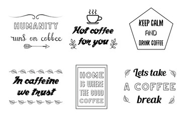 Set of Calligraphy Quotes Sayings for print about coffee. Printable design for cups