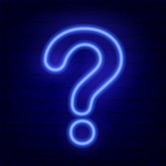 Neon blue question mark on dark brick wall. Cinema, show, theatre, circus, casino design. Intellectual signs. Laser diode lamp. Night party pointer. Creative vector illustration.