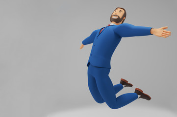 Cartoon character, businessman in suit rejoices and bounces. Concept success in a startup. 3d rendering