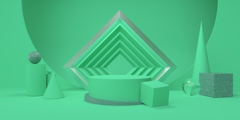 Abstract green studio with podium and geometric shape pastel color for cosmetic or product 3d render