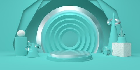 Abstract blue studio with podium and geometric shape pastel color for cosmetic or product 3d render