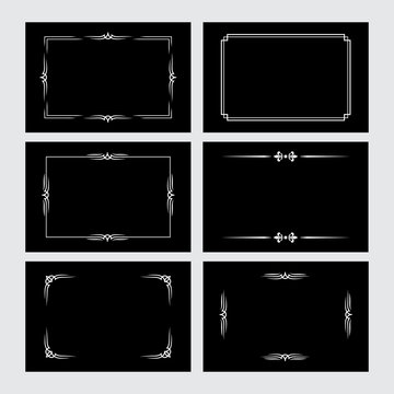 Set of white vintage borders in silent film style isolated on black background. Vector retro design elements.