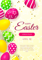 Happy Easter banner with colored decorated eggs. Vector illustration for card, advertisement, promotion, poster, flyer, banner, special offer, commercial.