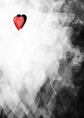 Abstract background. A red loving heart casts a black shadow. Surrounded by gray ghostly hearts. Gradient from light to dark. Gray background. Digital illustration. Page Template