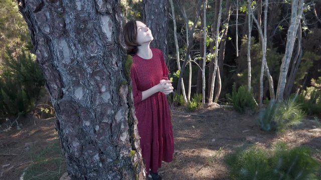 Pretty young woman in red dress looks up to the tree crones in forest during sunset