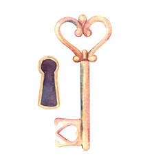 Antique gold key with a heart-shaped head and a long beard. Keyhole. Decorative element. Hand-drawn watercolor illustration on a bright background