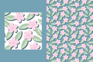Seamless vector pattern with cherry blossoms and leaves. Paper effects with drop shadows. The pattern swatch itself has a transparent background. The sample shown has a blue background underneath.