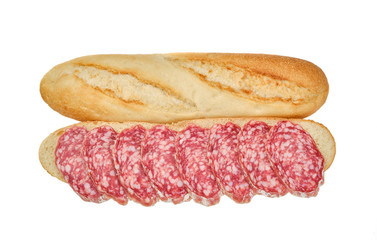 sandwich baguette with sliced sausages salami in white mold. white background isolated 