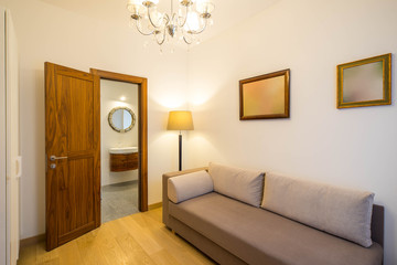 Modern interior of living room in private house. Cozy grey sofa. Wooden door.