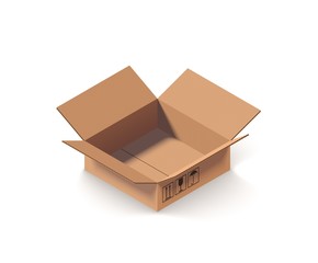 Empty open cardboard box isolated on white isometric vector illustration