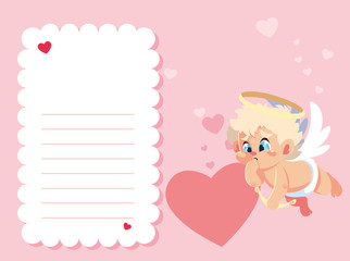 card valentines day with cupid angel , sheet to write