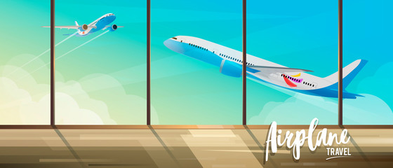 Illustration for travel by airplanes. View from the terminal to take off planes