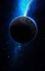 abstract space illustration, mysterious blue lights and planet Earth in space
