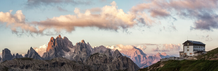 The Cadini Group, Mt. Campedelle and Auronzo hut in the Dolomite Alps, South Tyrol, Italy - obrazy, fototapety, plakaty